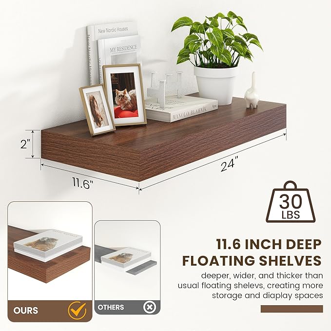 Deep Floating Shelves for Wall | 24 Inch Wide x 12 Inch Deep Floating Shelves | 24W x 12D Rustic Walnut Wide Wall Shelves | Bookshelf Laundry Shelf TV Shelf