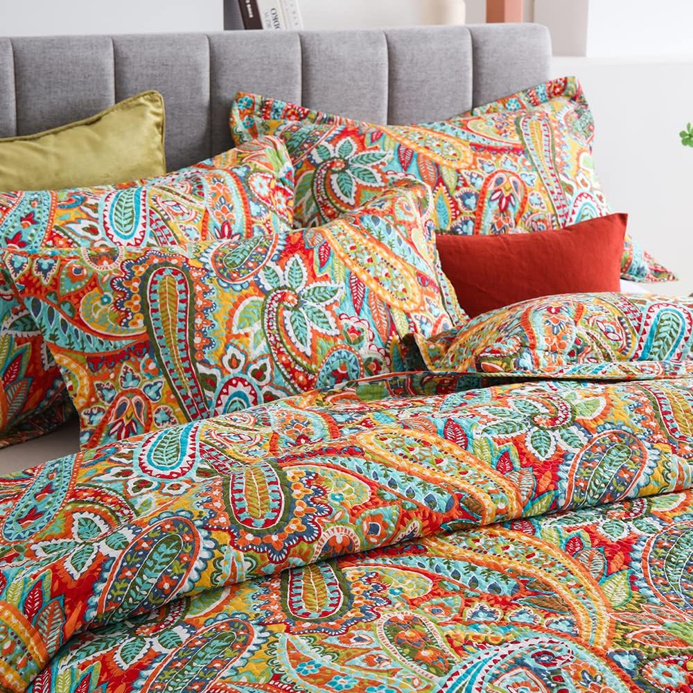 Autumn Dream Cotton Bedspread Quilt Sets, 3 Pieces Reversible Comforter Coverlet Sets, Yellow Gorgeous Paisley,Queen Size