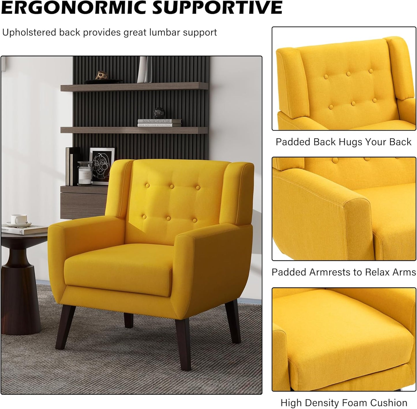 UIXE Accent Chair, Modern Upholstered Armchair in Fabric for Living Room, Comfy Club Arm Chairs Single Sofa Button Tufted Bedroom Reading Seat - Yellow, Set of 1