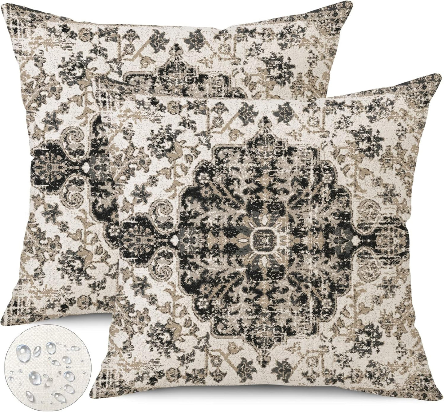 Outdoor Waterproof Pillow Covers - 18x18 Inch Set of 2 Bohemian Vintage Carpet Pattern Pillow Covers in Black & Grey Ethnic Design for Decorative Farmhouse, Couch, Garden, Balcony