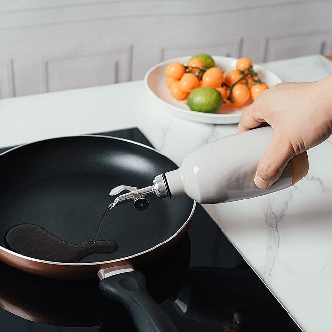 Olive Oil Dispenser Bottle Stoneware Ceramic, Cruet Protects to Reduce Oxidation, Suitable For Storage Of Oil, Vinegar, Coffee Syrups & Other Liquids - Stainless Steel Spout 14Oz