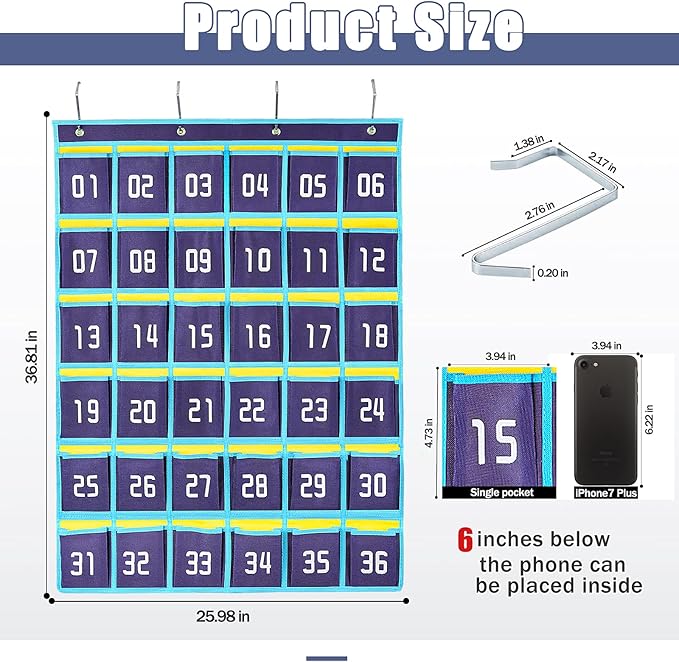 Loghot Classroom Accessories Closet Pocket Chart for Cell Phones Holder Wall Door Hanging Organizer (36 Pockets Blue 2Pc)