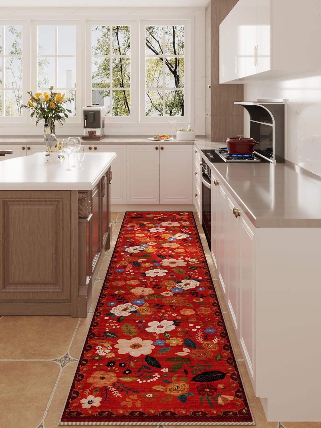 Runners for Hallways Kitchen Runner Rug Non Slip 2'x 10' Long Washable Rugs with Rubber Backing Soft Floral Carpet Runner for Hallways, Kitchen, Laundry, Bedroom, Bathroom(Red)