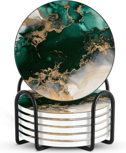 Emerson Coasters for Drinks Absorbent – Natural Stone Drink Coasters Set with Holder, Coasters for Coffee Table, Wooden Tabletop Protection Marble Style – 100% Heavy Duty Set of 6 (Green Forest)