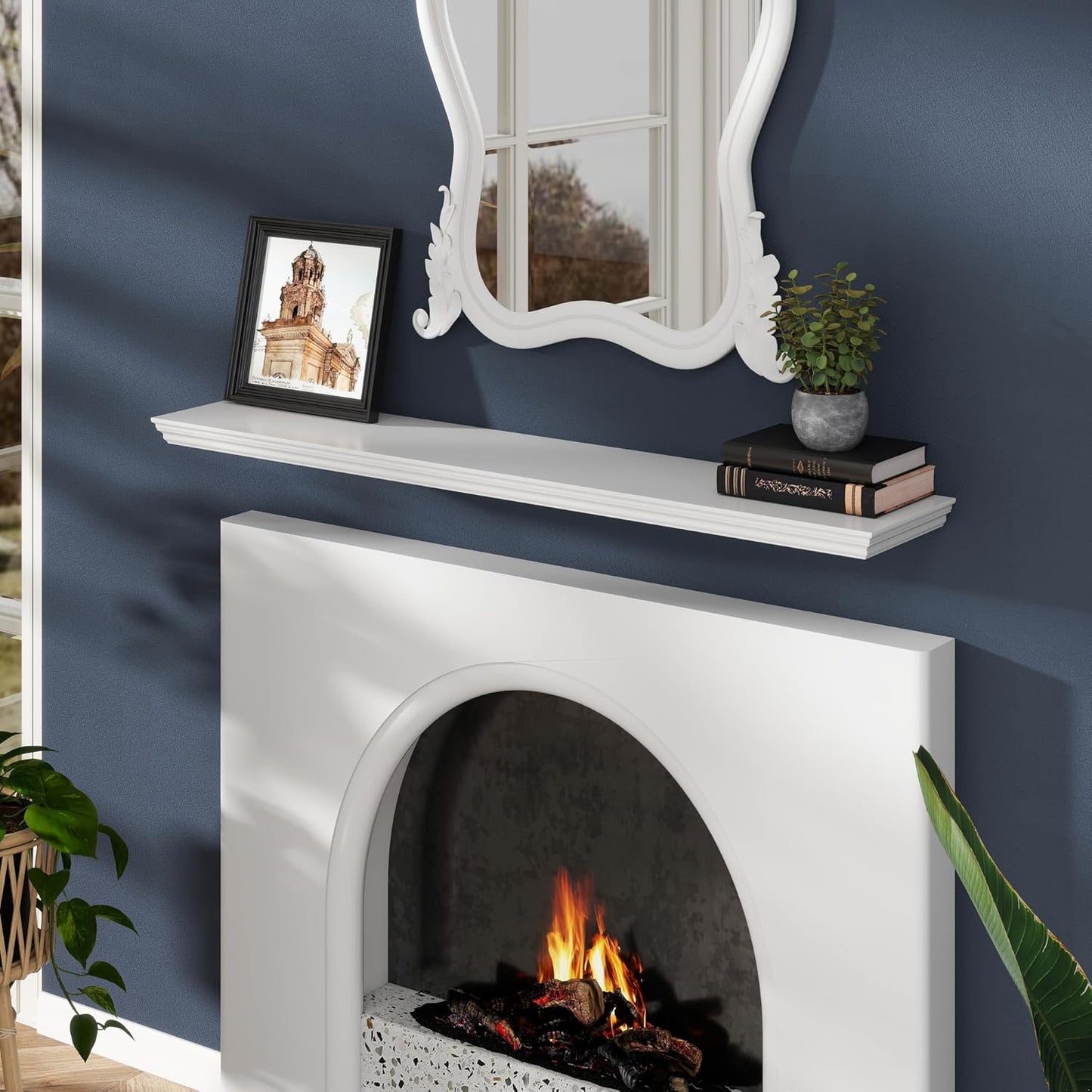 Floating Shelves for Wall, 48 Inch Long Wall Mounted White Hanging Shelf for Kitchen, Living Room, Office, Bedroom, Bathroom, Retro Vintage Wood Bookshelf for House Decor