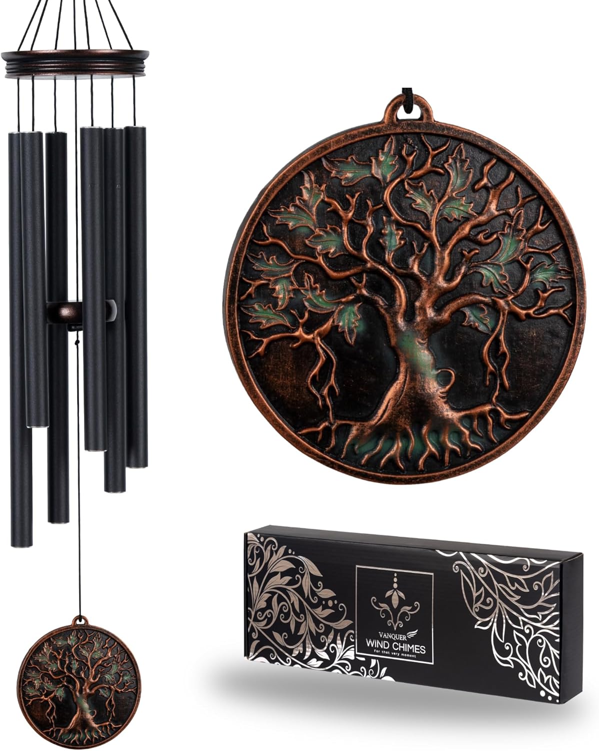 Vanquer Large Wind Chimes for Outside Deep Tone - 34'' Wind Chimes Outdoor Clearance, Tree of Life, Memorial, Sympathy Gift, Patio, Home Décor, Vintage Black (34" Tree of Life)