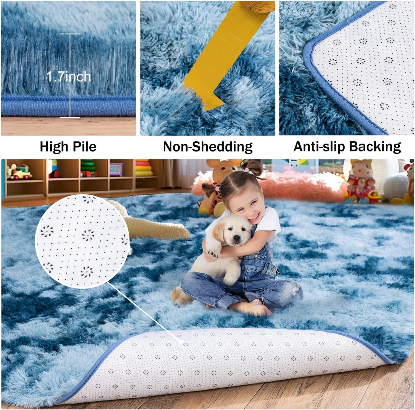 Rezutan Soft Rug for Living Room Bedroom Large Comfy Modern Shaggy Fuzzy for Kids, Plush Indoor Nursery Classroom Home Decor Bedside with Non-Slip Bottom, Peacock Blue, 5X7 Feet