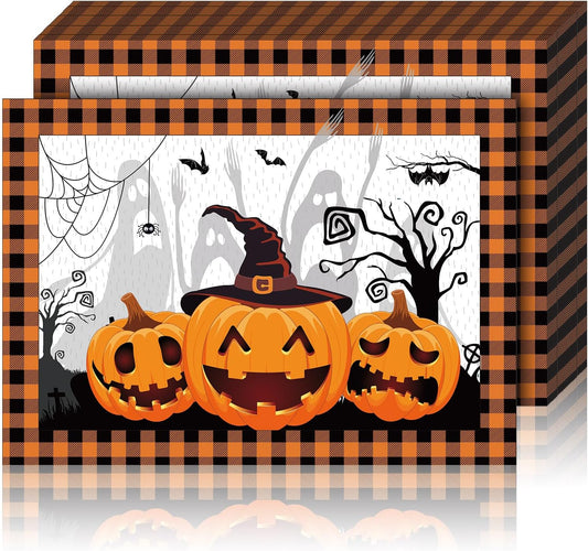 Honoson 100 Pieces Halloween Placemats Happy Halloween Fall Pumpkin Placemats Paper Halloween Place Mats Spooky Ghost Buffalo Plaid Kitchen Mat Double Sided Dinner Table Mats, 14 x 10 Inch