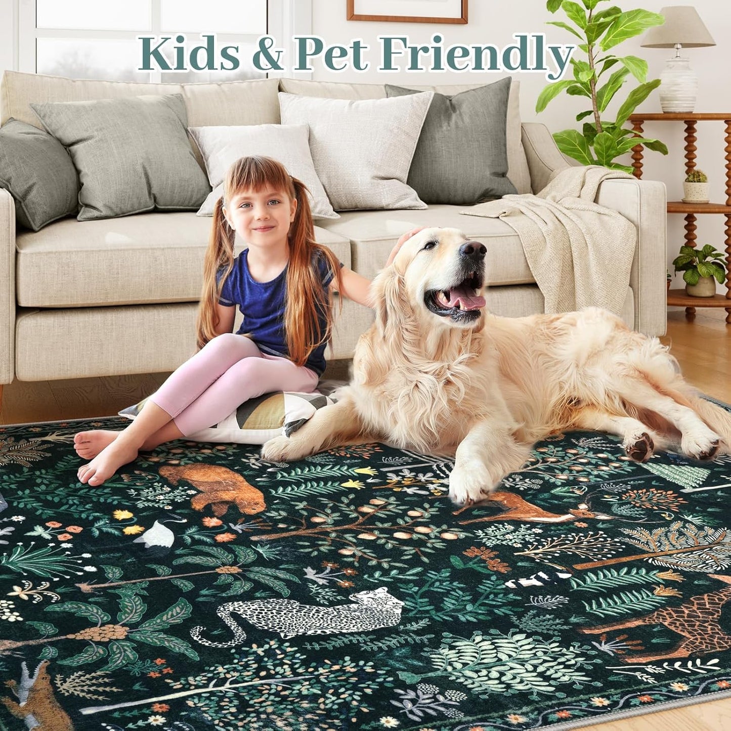 OJIA Jungle Print 8x10 Rugs for Living Room, Green Soft Bedroom Rug Washable Area Rugs 8x10, Modern Dining Room Rug Stain Resistant Floor Carpet for Playroom Kids Nursery Office, Green