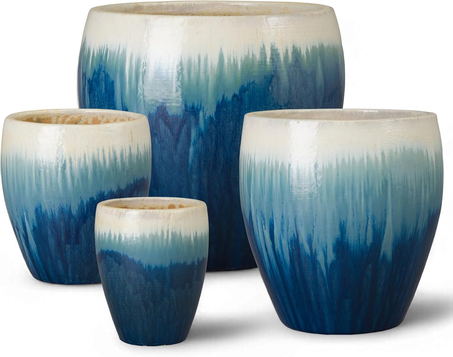 Emissary Home and Garden 13in., 16in., 19in.,23.5in. H Blue Snow Stoneware Round Planters with High-fire Treatment (Set of 4)