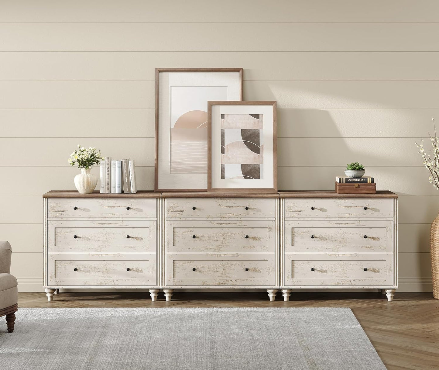 WAMPAT Kids Dresser for Bedroom with 9 Drawers, Baby Dressers with Wide Chest of Drawers, Farmhouse Wooden Closet Storage Organizer, Large Wood Dressers for Living Room, Nursery, Hallway, Rustic White