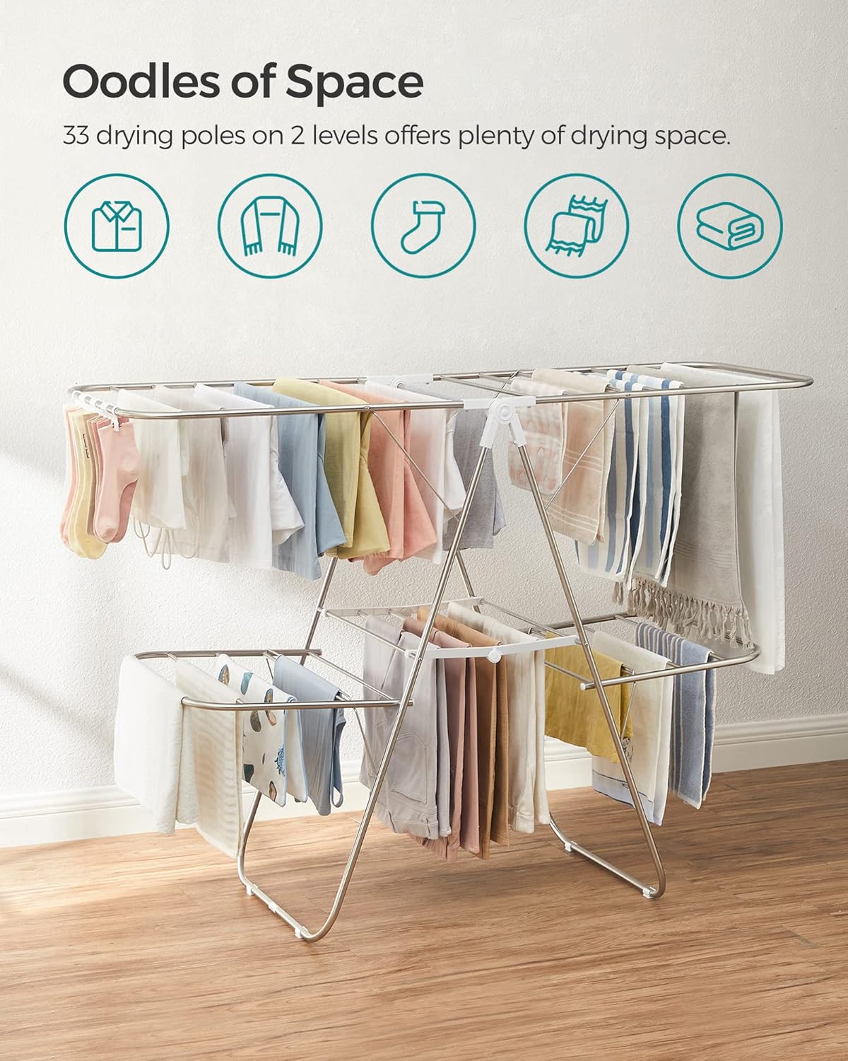 SONGMICS Clothes Drying Rack, Foldable 2-Level Laundry Drying Rack, Free-Standing Laundry Airer, with Height-Adjustable Wings, 33 Drying Rails, Sock Clips, Silver and White ULLR053W01V1