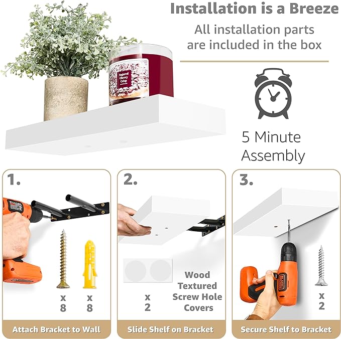 Sorbus Floating Shelves for Wall, Bathroom Shelves Wall Mounted for Kitchen, Bedroom, Bathroom Storage Over Toilet, Hanging Book Shelf for Wall Home Decor Living Room (White, 3 Pack)