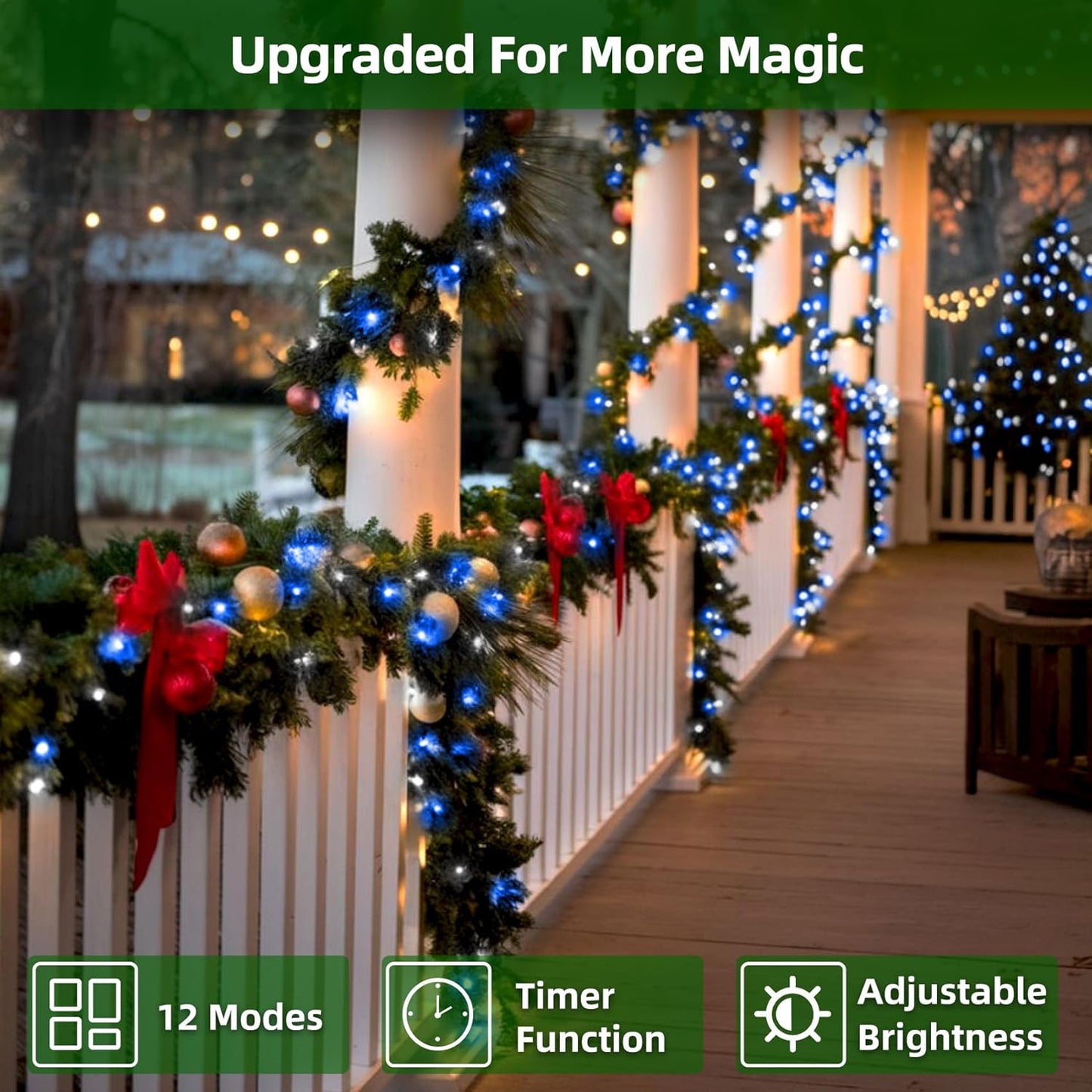 300LED Christmas Lights Outdoor Indoor Use, 12 Lighting Modes 75ft Christmas Tree Lights with Timer, Dimmable Blue Cool White LED StringLights Waterproof for Yard Wedding Party Holiday Blue&CoolWhite