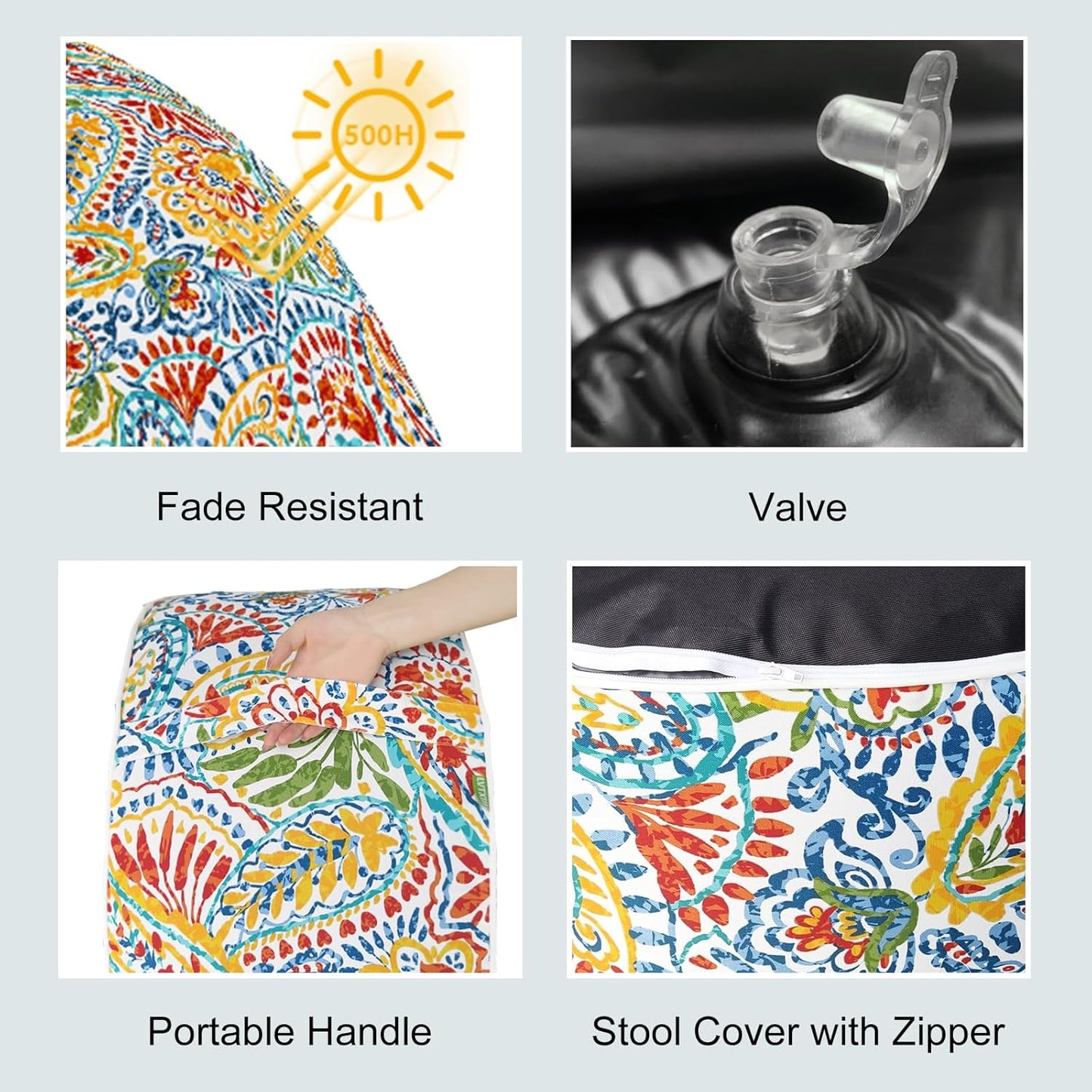 LVTXIII Indoor/Outdoor Inflatable Ottoman, All Weather Round Footrest Stool D21”x H9”, Portable for Patio Garden Camping or Home-Paisley Ummi Multi