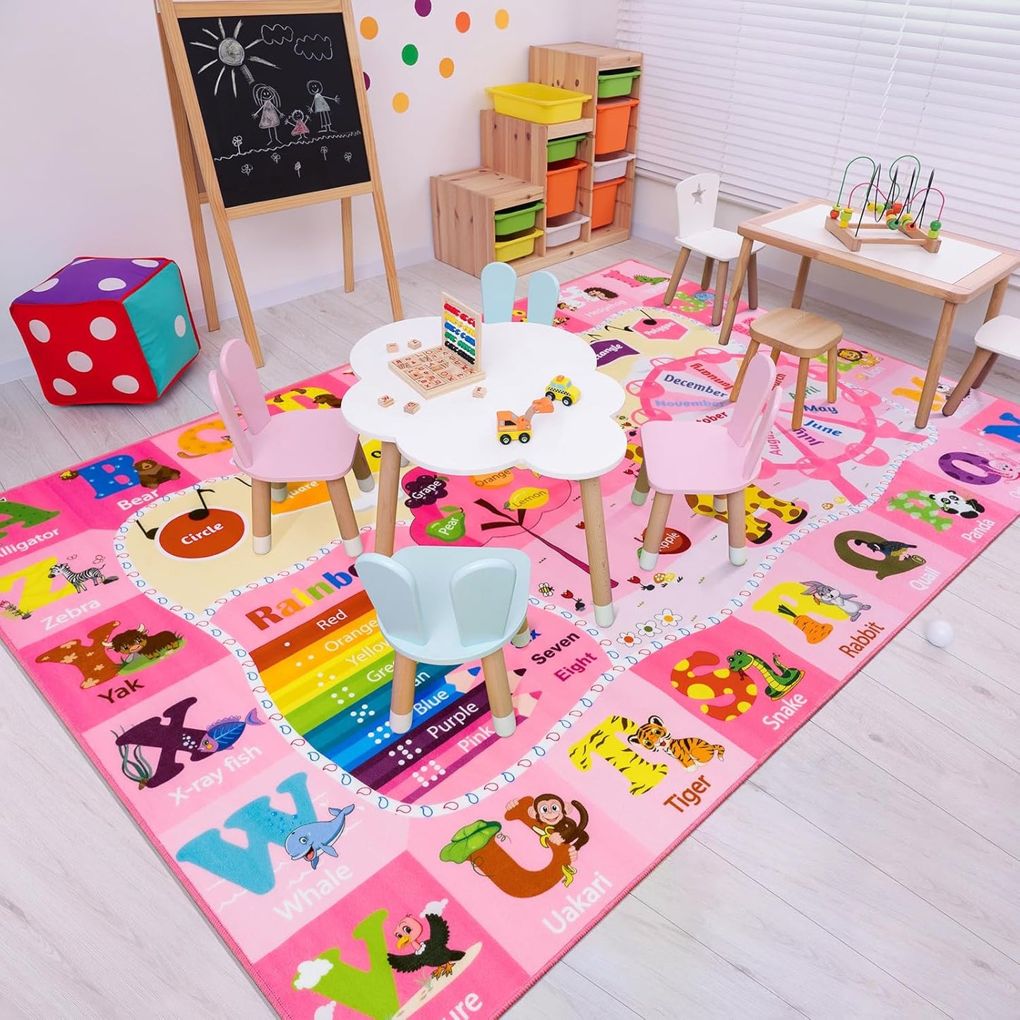 Kids Rugs for Playroom Bedroom Classroom Nursery, Non-Slip and Washable Rugs for Children Toddlers Girls, Educational and Fun Rug Carpets with ABC Alphabet Animals Shapes, 3x5, Pink