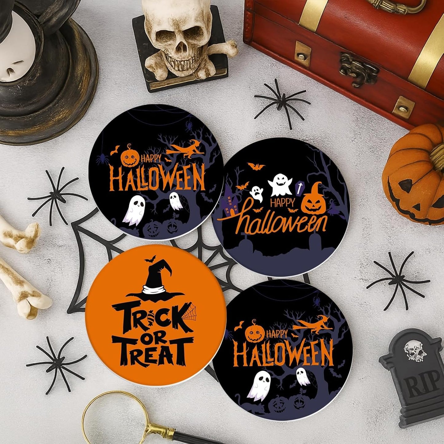 Coaster for Drinks Set of 6, Happy Halloween Orange and Black Trick or Treat Absorbent Round Ceramic Stone Mat, with Cork Base and Metal Holder, Gift for Housewarming Room Bar Decor