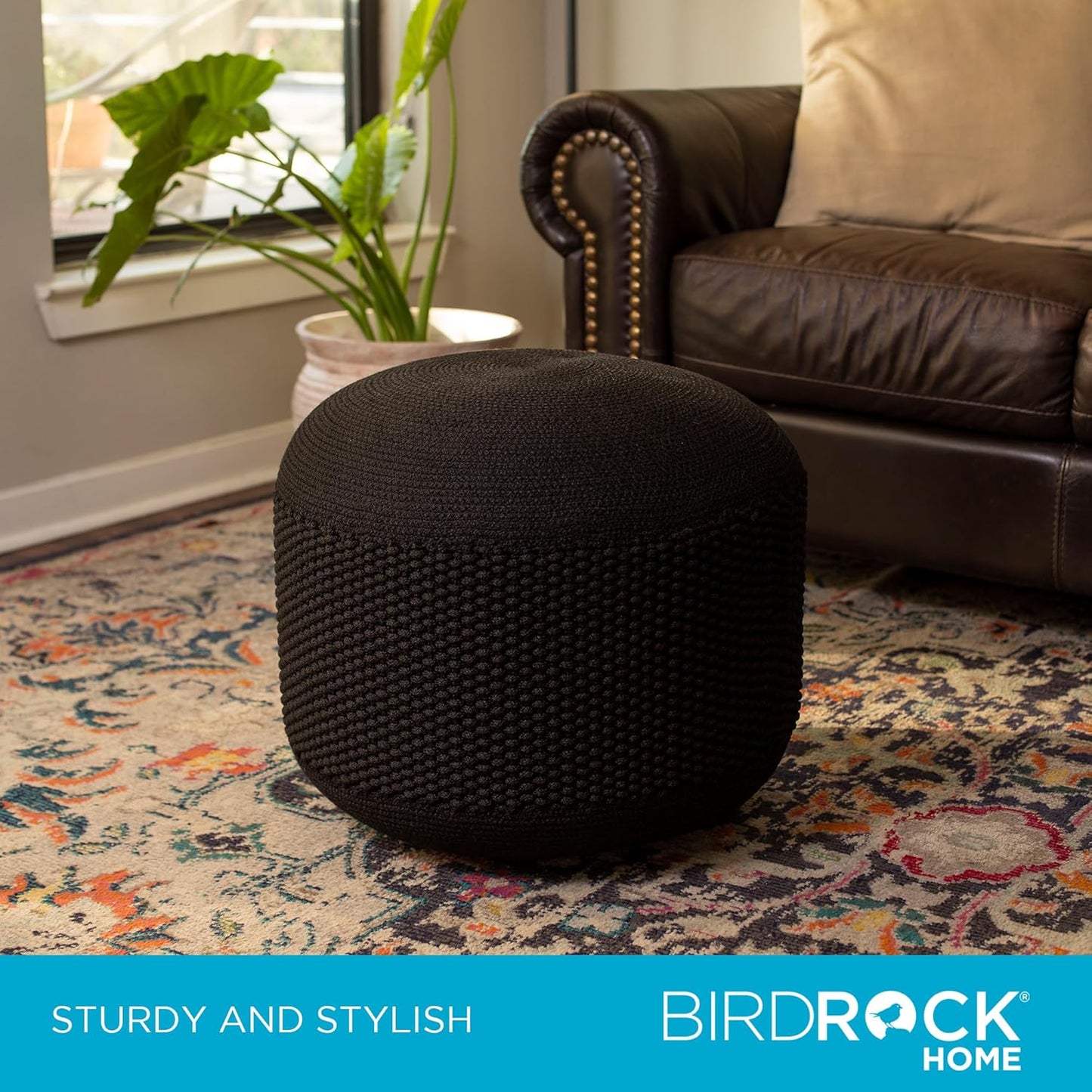 BIRDROCK HOME Outdoor Pouf Ottoman | Hand Woven Waterproof Foot Stool with Bead Bag Filling | Boho Foot Rest for Patio, Living Room, Porch & Outdoor Seating | Lightweight, Soft Stuffed Chair | Black