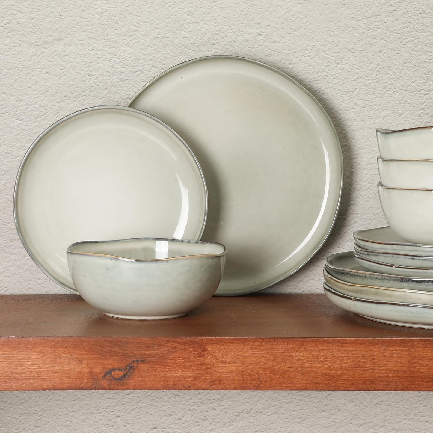 Gibson Elite Nardini 12 Piece (Service for 4) Plates and Bowls Reactive Glaze Dishes Stoneware Ceramic Dinnerware Set - Moon White