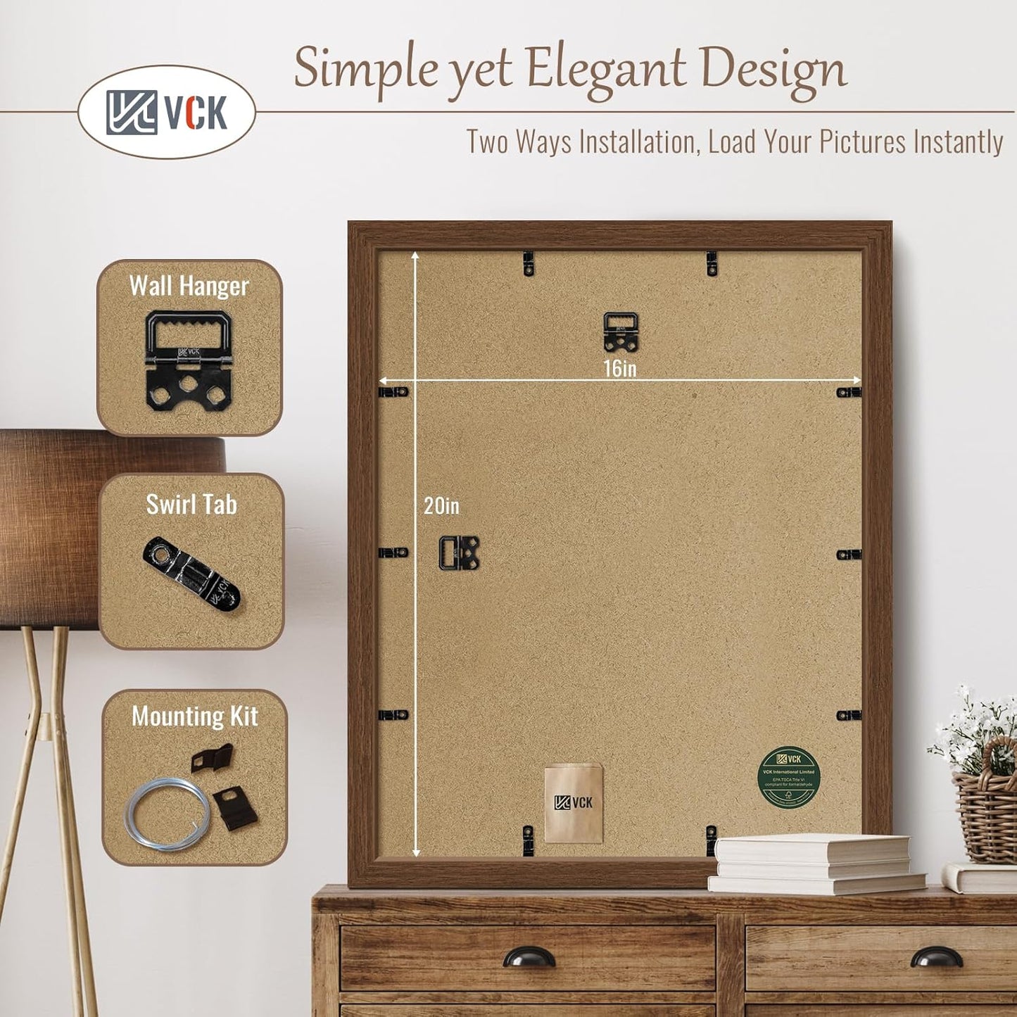 VCK 16x20 Picture Frames for Wall 3 Pack, Brown Wood Poster Frame with Exclusive Wood Grain, Wall Mounting Hanging