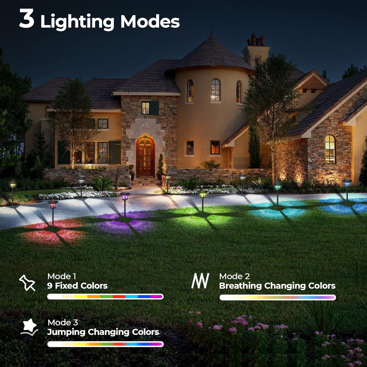 CINOTON 6 Pack RGBCW Solar Pathway Outdoor Lights, 3 Lighting Modes Solar LED Garden Light, IP65 Waterproof Outside Solar Powered Landscape Lighting for Patio Walkway Yard Driveway RGB/Warm/Cold White