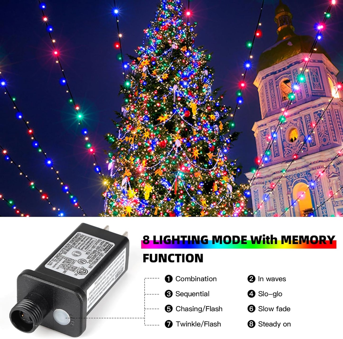 XTF2015 Christmas String Lights 170FT 500 LED, End-to-End Plug 8 Modes Memory Function with Timer - UL Certified - Outdoor Indoor Fairy Christmas Lights for Tree, Patio, Garden, Holiday (Multicolor)