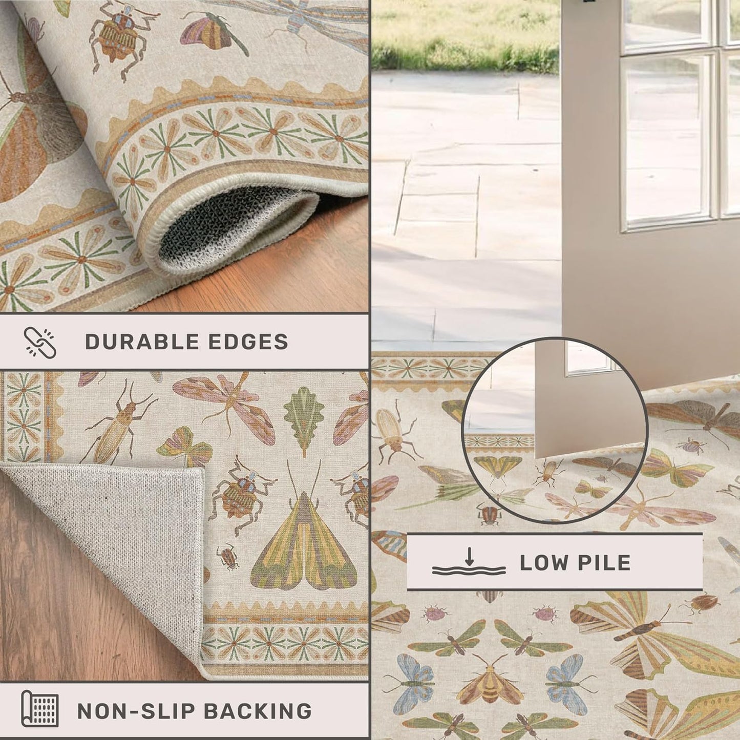 Floral 4x6 Rugs for Small Living Room - Beige and Yellow Pastel, Low Pile Non Slip Stain Resistant Throw Rug for Under Bed, Large Entryway, Kitchen, Floor Carpet Aesthetic Kids