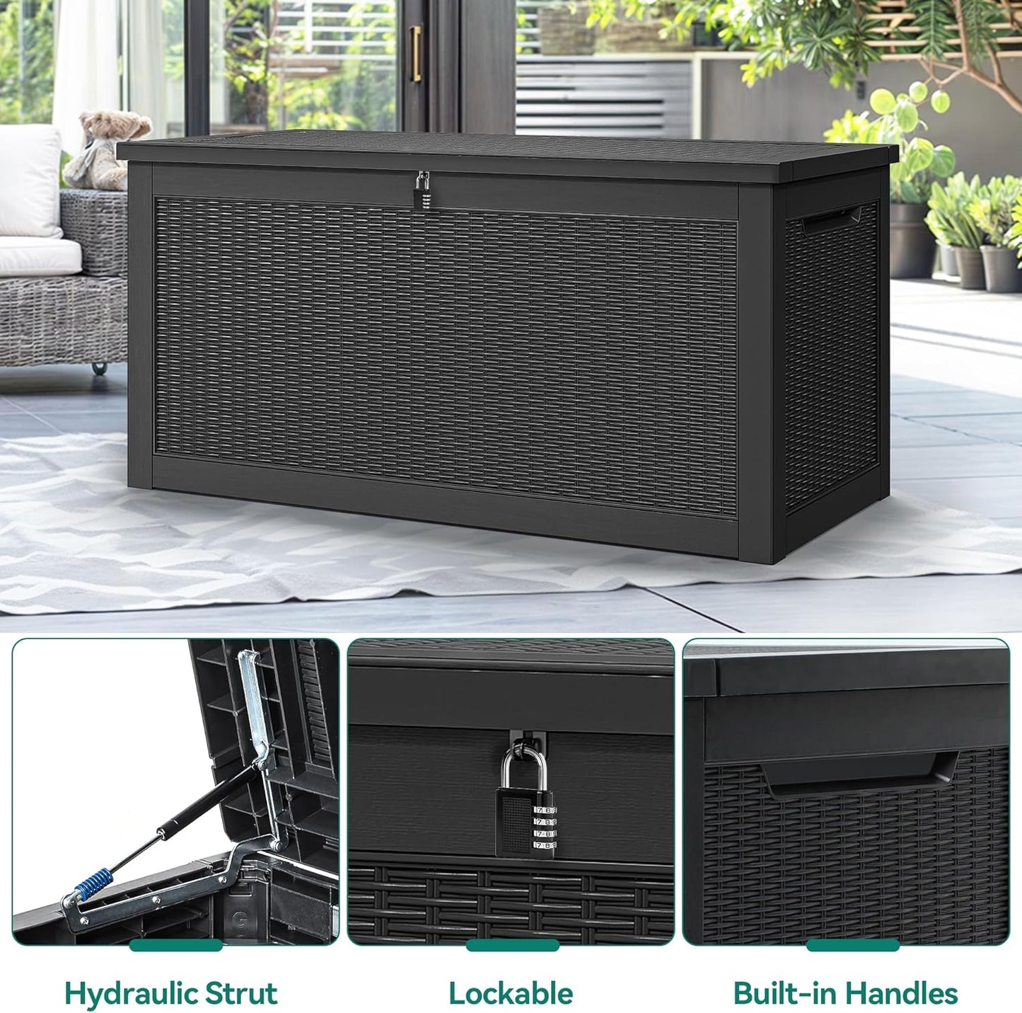 YITAHOME 260 Gallon Outdoor Storage Box, Large Water Resistant Resin Deck Box, Indoor Outdoor Lockable Storage Container for Patio, Garden, Cushions, Tools, Equipment(Black)