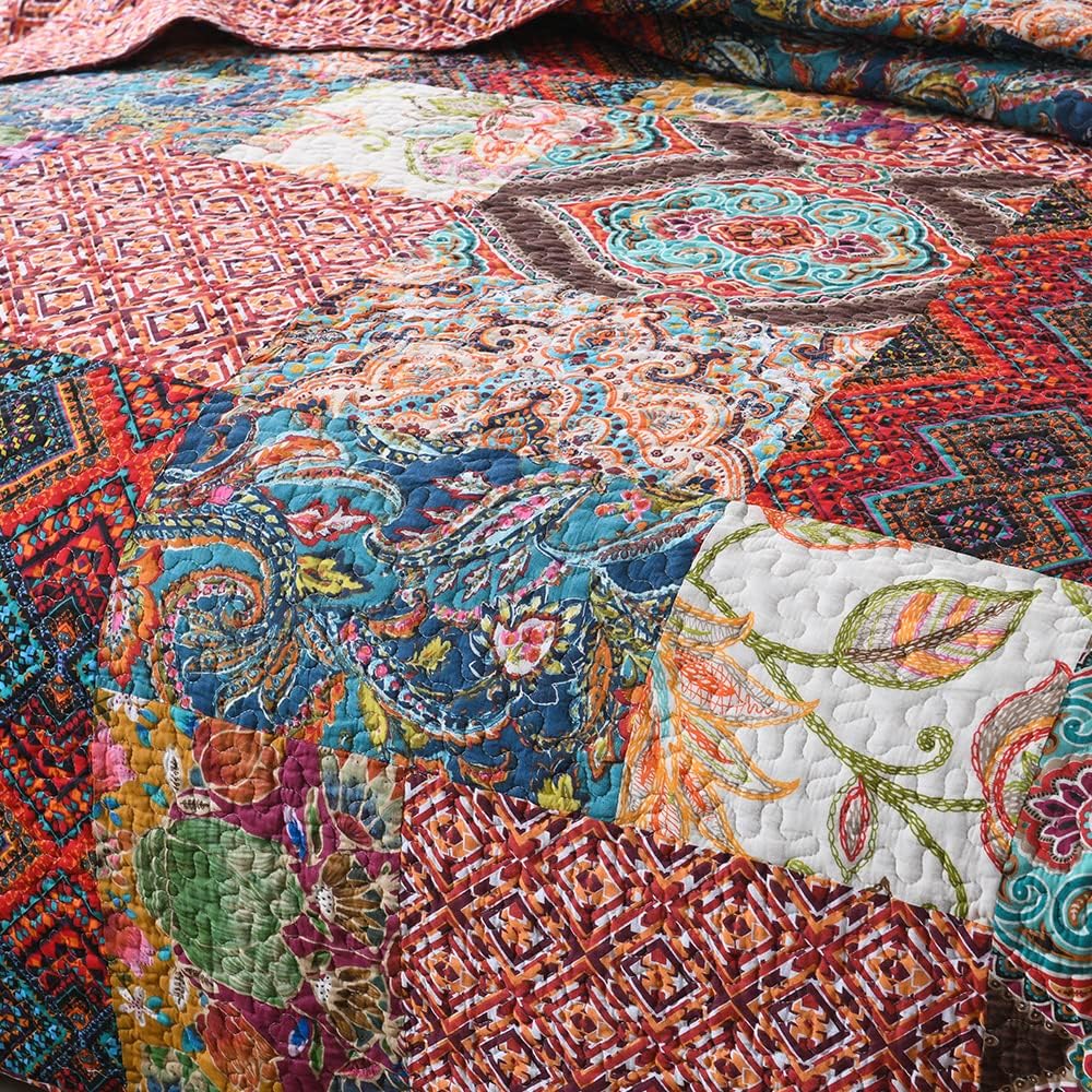 Autumn Dream Cotton Patchwork Bedspread Quilt Sets, Reversible Bedding Coverlet Sets, Red Gorgeous Vintage Pattern, QueenSize