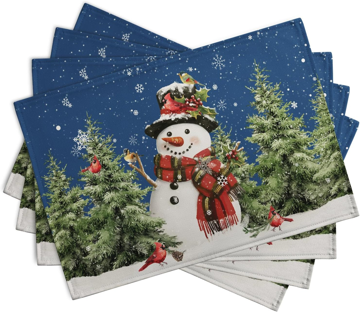 Blue Snowman Christmas Placemats Set of 4 Xmas Tree Cardinal Snowflakes Linen Table Mats Seasonal Winter Holiday Place Mats Washable Placemat for Party Kitchen Dining Outdoor Indoor Decor