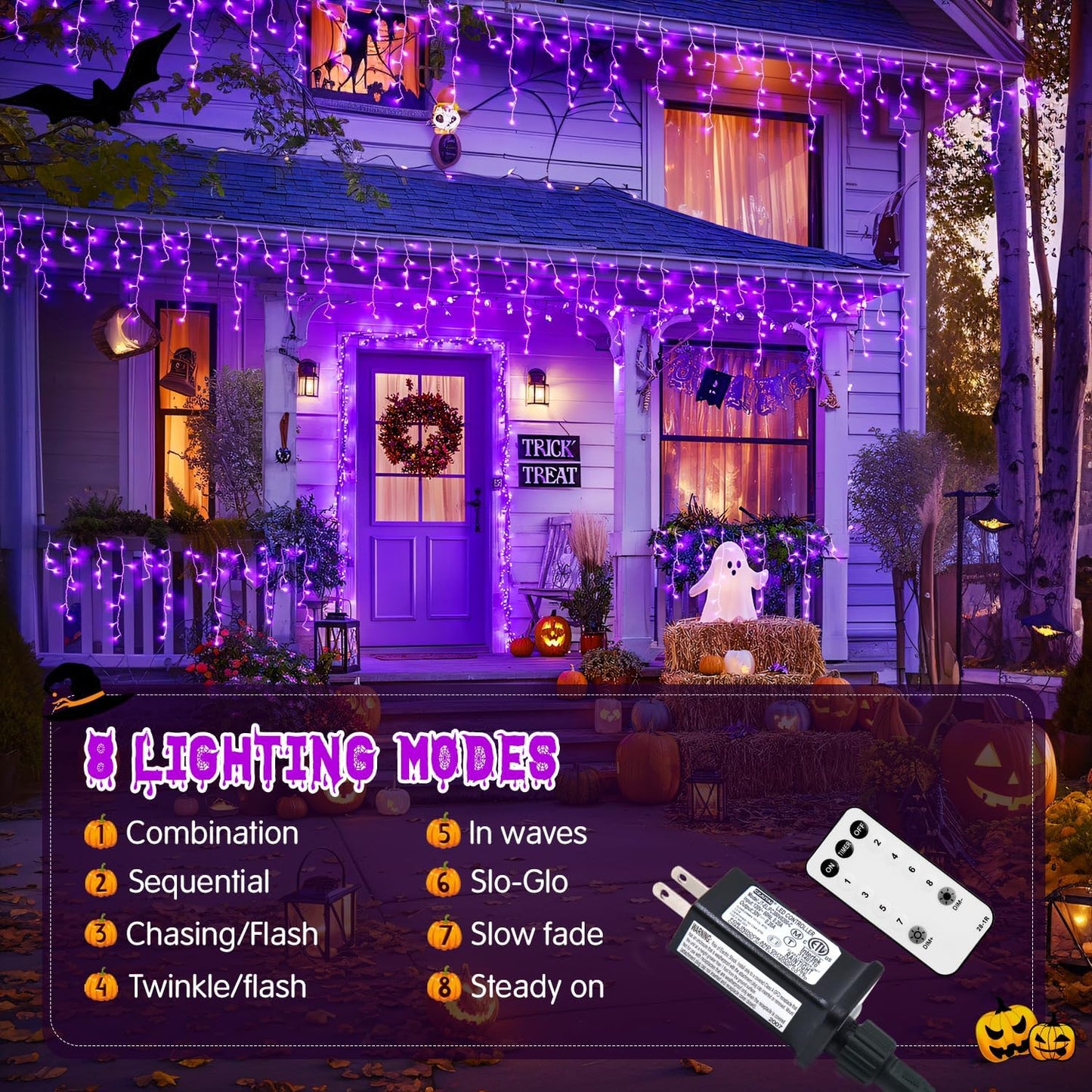 JMEXSUSS Purple Halloween Lights Outdoor, 800 LED Purple Icicle Lights Outdoor Waterproof, 8 Modes String Light Plug in for Fireplace Tree Garden Patio Halloween Decor