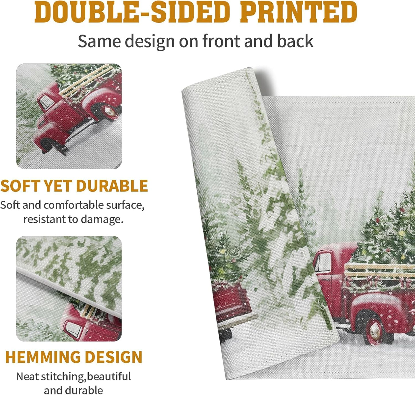 Red Truck Christmas Placemats Set of 4, 12x18 Inch Green Pine Tree Snow Xmas Table Mats Seasonal Rustic Farmhouse Linen Fabric Place Mats for Winter Holiday Party Kitchen Dining Decor