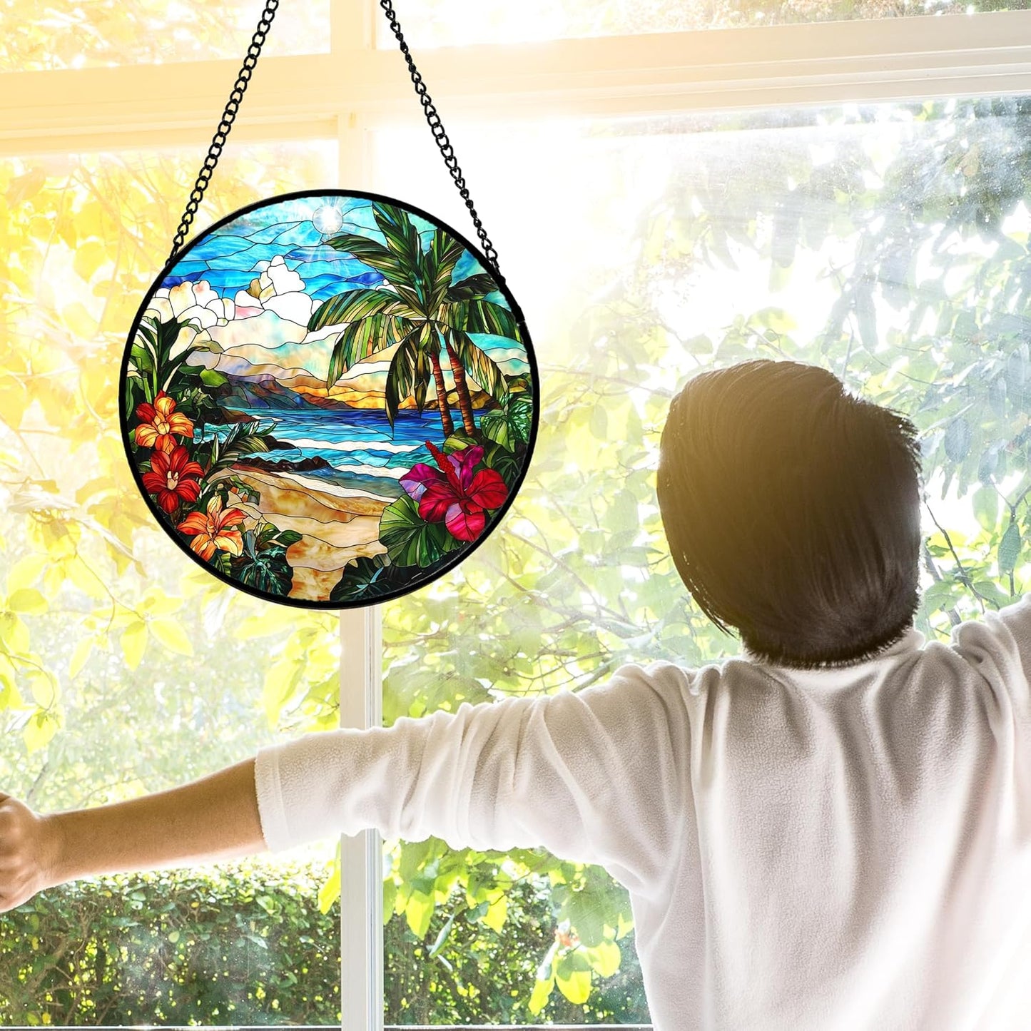 Stained Glass Window Hanging, Blue Beach Scenery Suncatcher Diamond Glass Panel Hangings Sun Catchers Decor for Birthday for Women, Men, Wife, Aunt, and Mom 6.3 in
