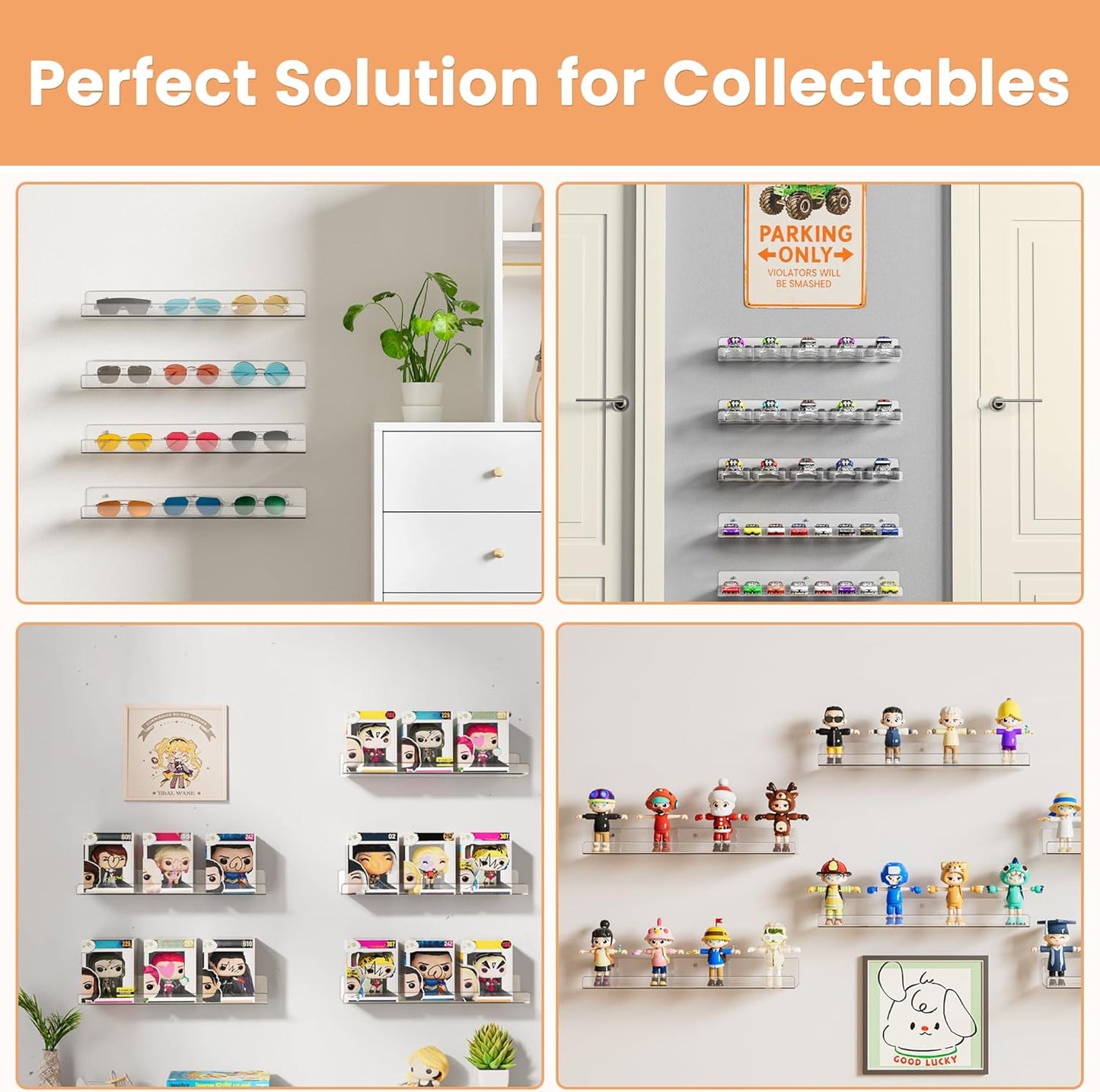 upsimples 4 Pack Acrylic Shelves for Wall Storage, 15" Floating Bookshelves for Kids, Display Shelf Organizer for Bathroom, Bedroom, Living Room, Kitchen, Room Decor, Clear