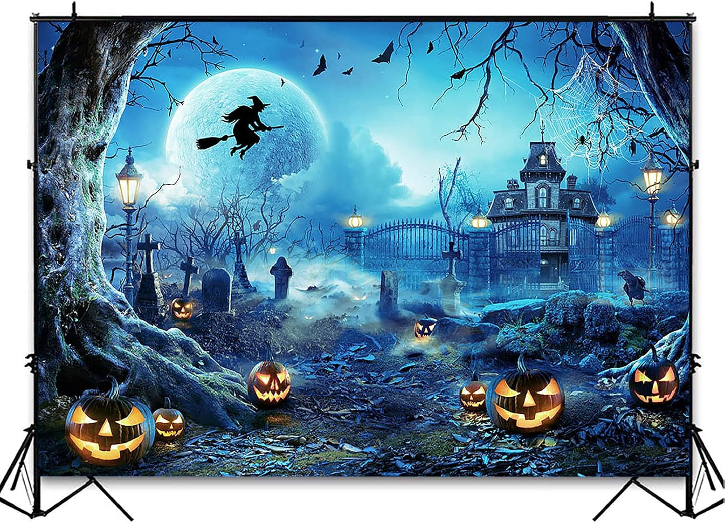Avezano Halloween Photography Backdrop Full Moon Scary Night Castle Pumpkins Party Background Spooky Witch Bats Cemetery Child Kids Halloween Party Decorations Photoshoot Backdrops (8x6ft, Blue)