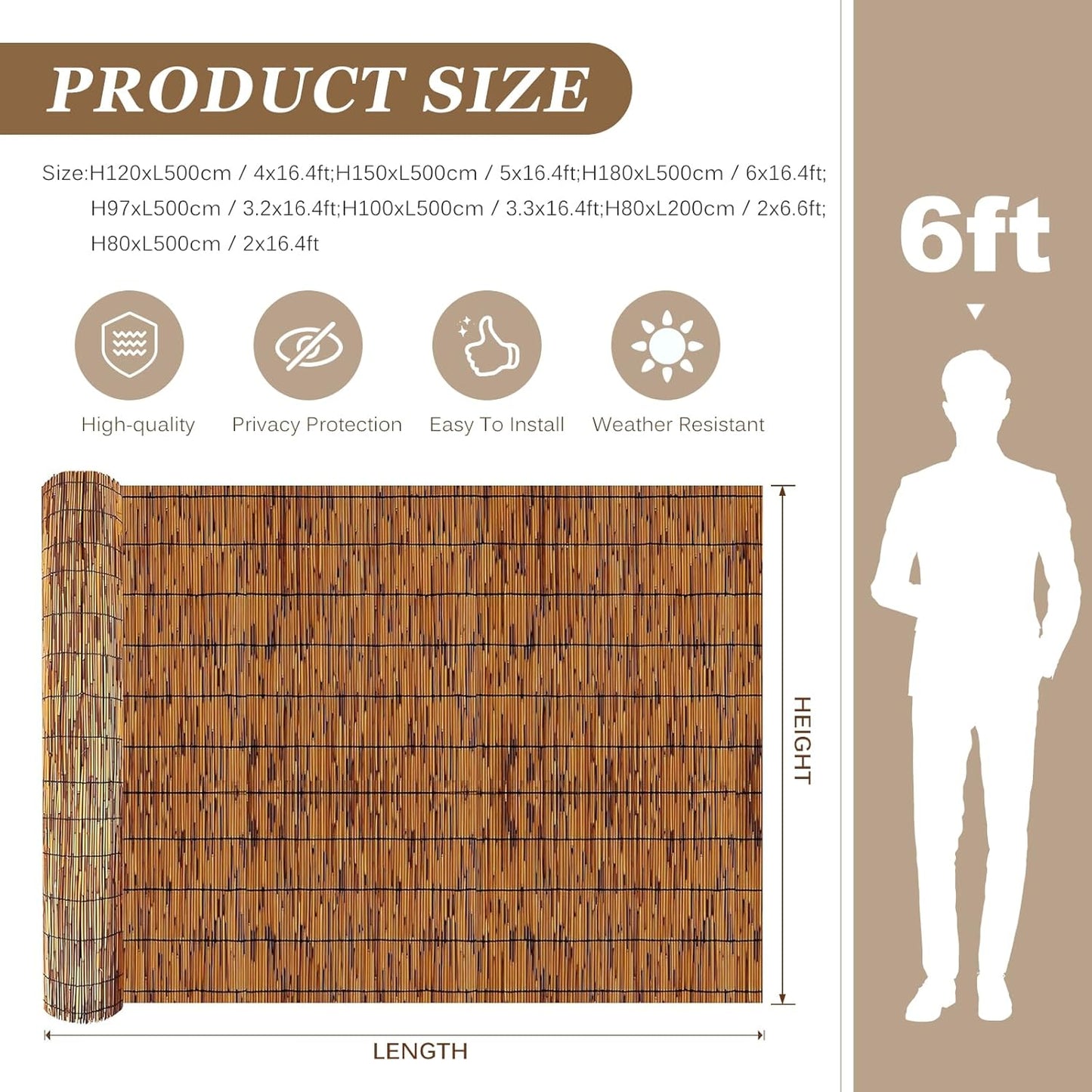 Natural Reed Fencing Rolls: Privacy Bamboo Fence 3/4/5/6ft High Roll Reed Screen, Decorative Bamboo Fencing for Outdoor Balcony Patio Garden Backyard,with Cable Zip Ties(Coffee, 2.6x6.6ft)