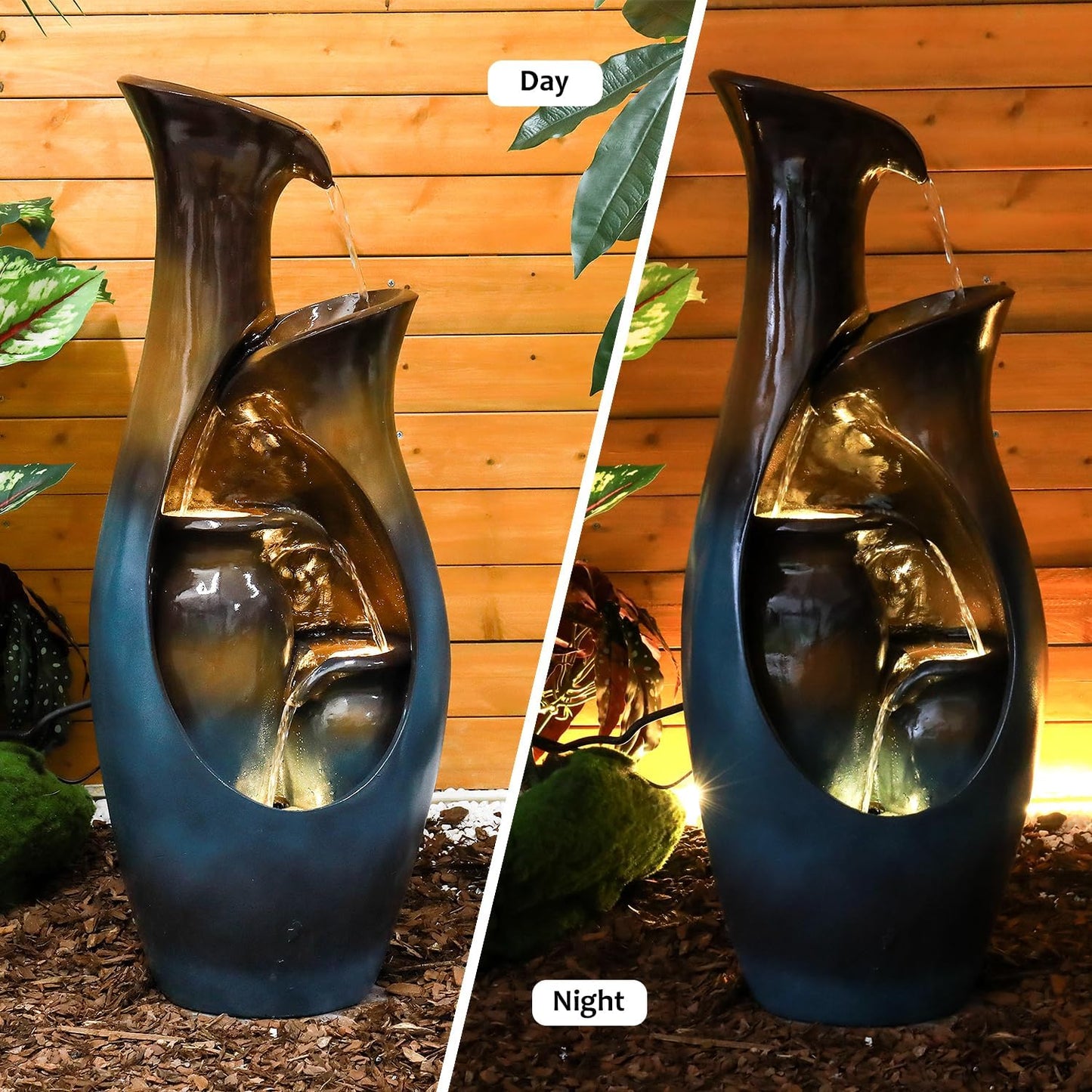 watnature 31.4”H Outdoor Garden Fountains and Waterfalls -Modern Indoor Water Jar Fountain with LED Lights&Pump for Garden, Patio, House, Home Decor, Indoor Zen Fountains Outdoor Waterfall Features