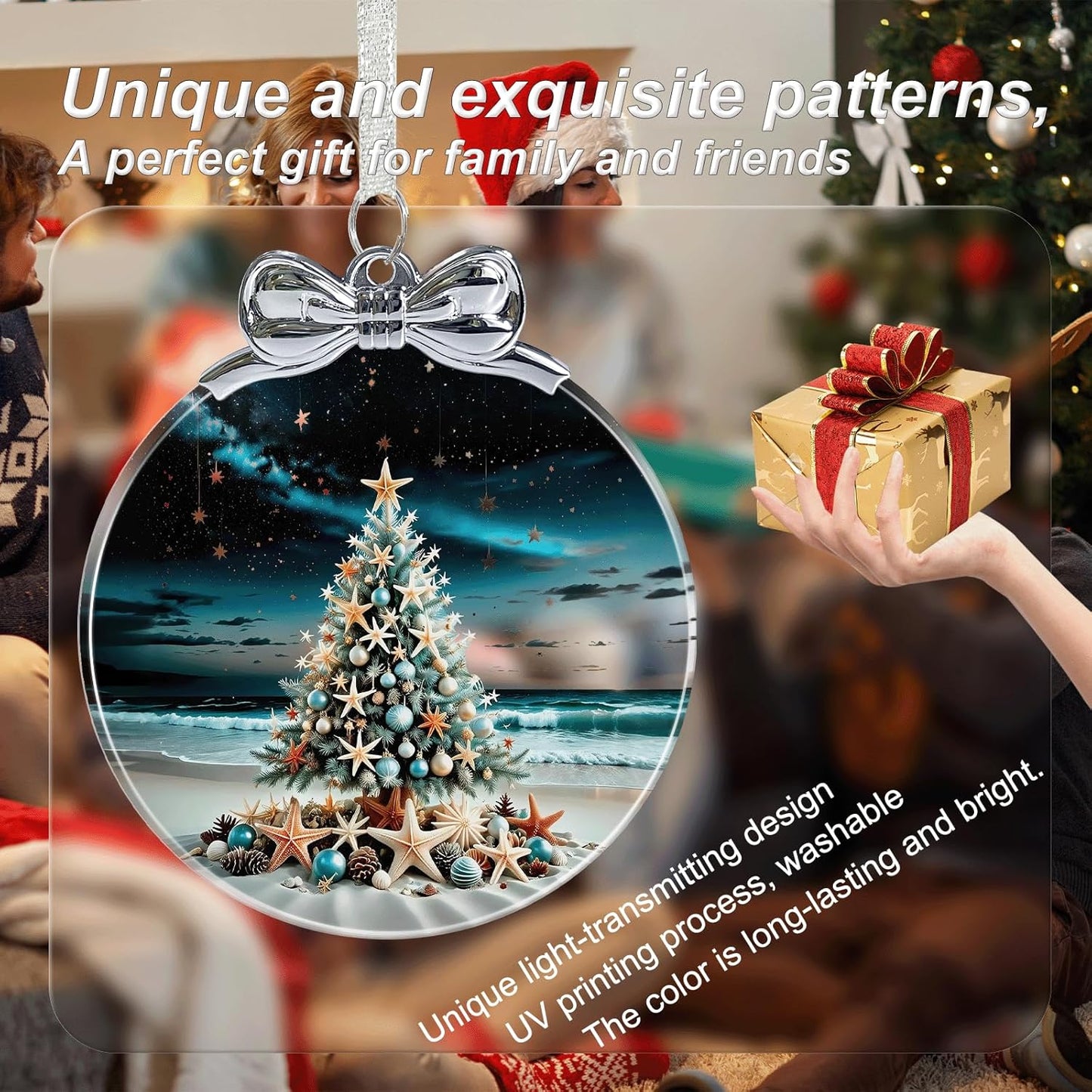 Seaside Christmas Tree Stained Glass Christmas Ornament - Hanging Ornaments for Christmas Tree Decorations - Holiday Keepsake Present Exchange Idea