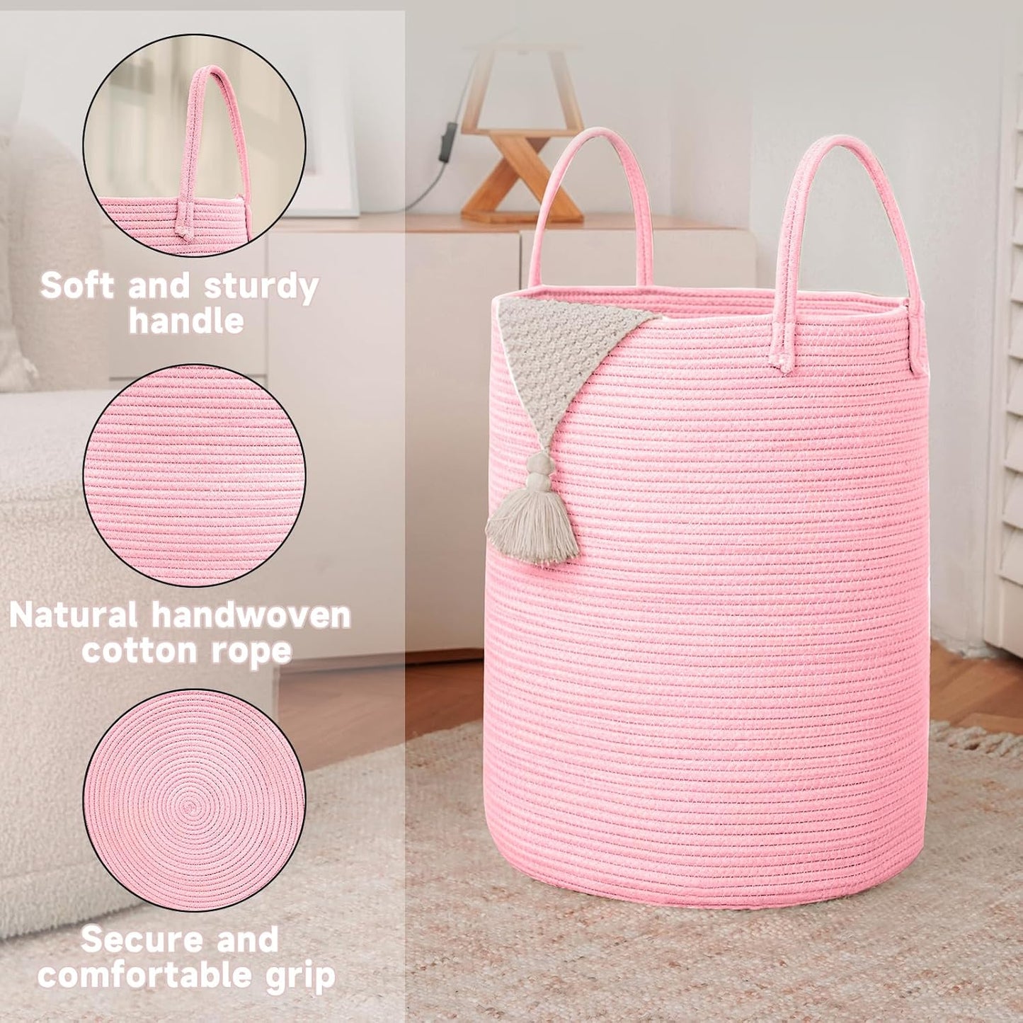 Large Woven Laundry Basket Hamper,80L Cotton Rope Storage Bin for Blankets,Toys and Clothes,Decorative Tall Nursery Hamper for Living Room,Baby Nursery,Bathroom and Bedroom,Pink