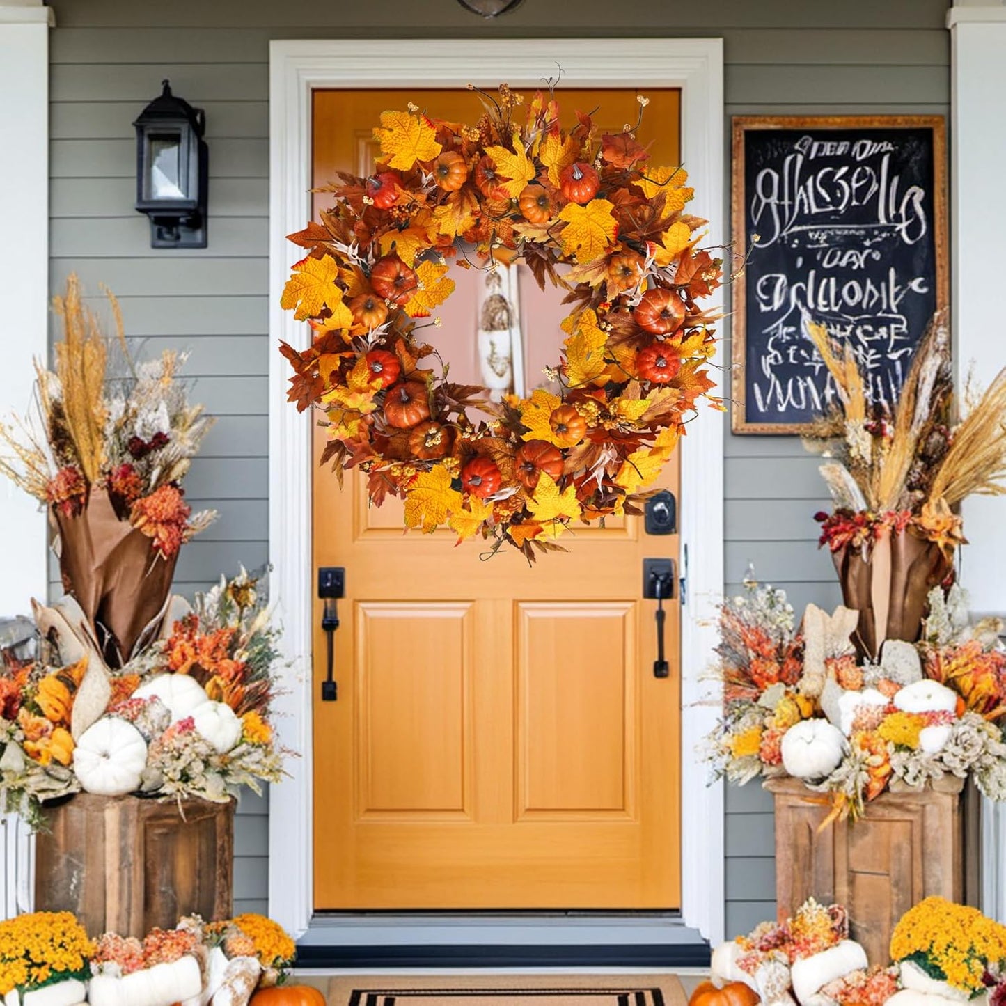 Uieke 28 Inch Fall Wreath for Front Door Outside Large Artificial Autumn Wreath with Orange Red Pumpkins Maple Leaves Berries Fall Decoration for Home Farmhouse Door Wreath for Harvest Thanksgiving