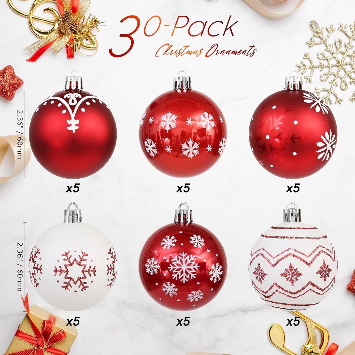 Sea Team 60mm/2.36" Delicate Contrast Color Theme Painting & Glittering Christmas Tree Pendants Decorative Hanging Christmas Baubles Balls Ornaments Set - 30 Pieces (Red & White)