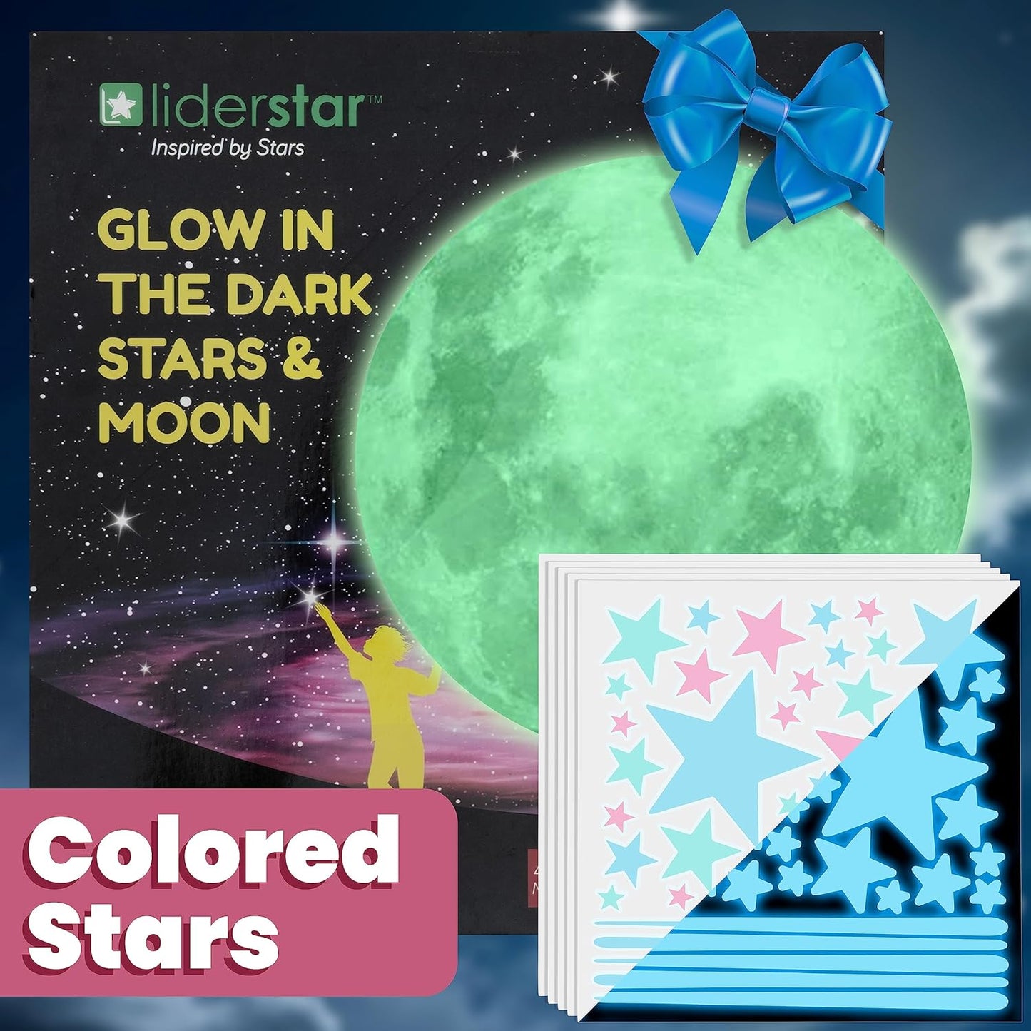 liderstar Glow in The Dark Stars and Moon for Ceiling, Luminous Stars and Moon Wall Decal, Wall Decor,Sticky Fluorescence Stars,Gift for boy and Girl Perfect for Kids Nursery Living Room(Colorful)