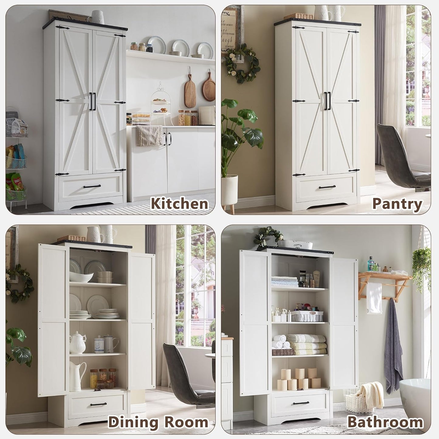 72" Tall Wood Storage Cabinet, Farmhouse Kitchen Pantry Cabinet with Adjustable Shelves & Drawer & Barn Doors, Versatile Storage for Kitchen, Dining Room, Bathroom, Antique White