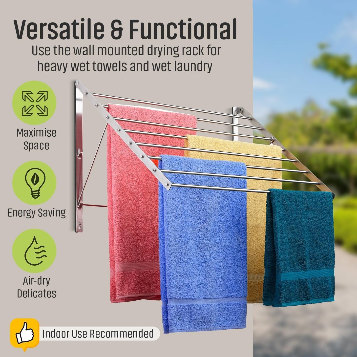 Smartsome | Wall Mounted | Clothes Drying Rack | 30" Wide | 20 Linear Feet Capacity | 8 Smooth Round Stainless Steel Rods | 60 lb Capacity | Fully Assembled | Compact Sturdy Space-Saving Design