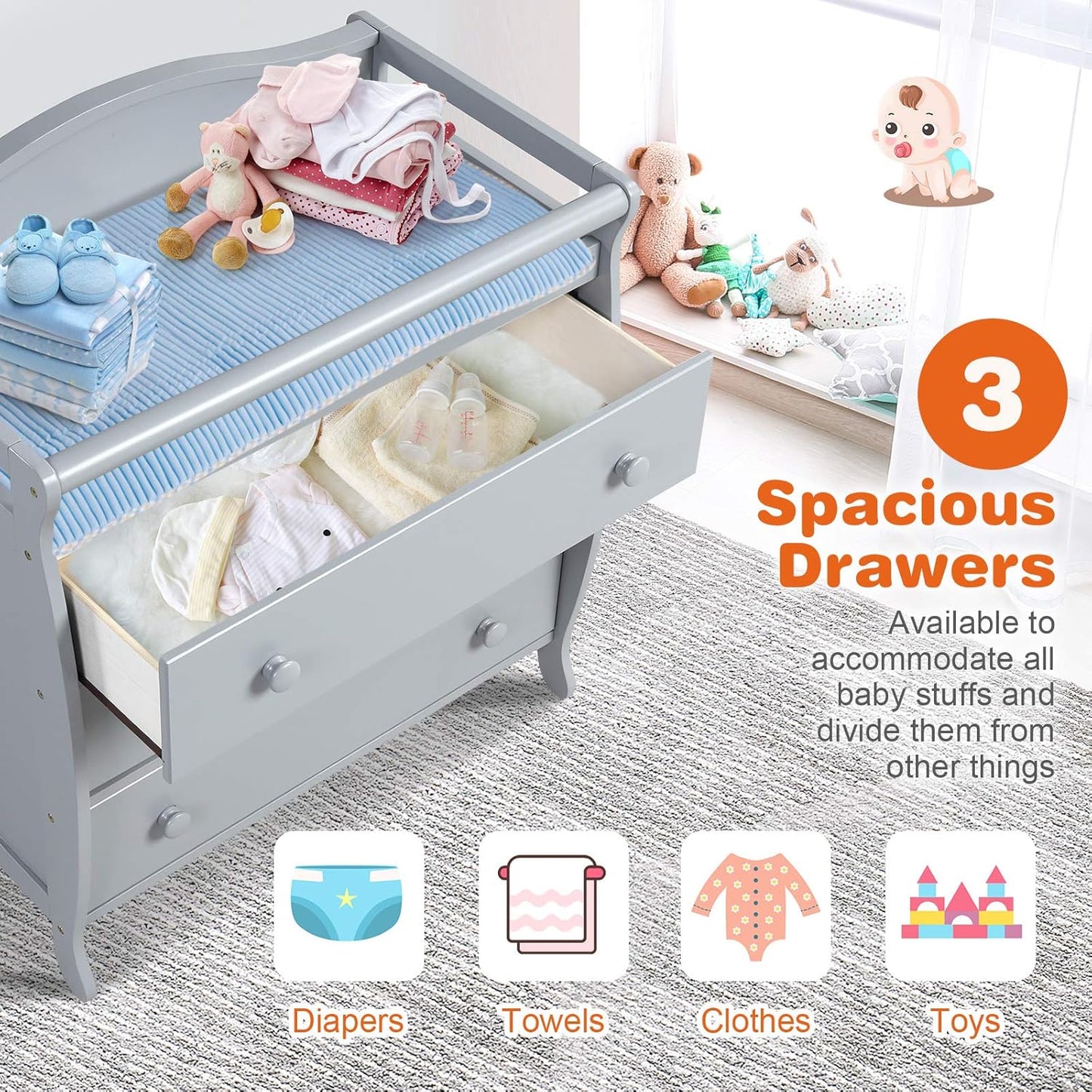 Costzon 3-Drawer Changing Table, Infant Diaper Changing Station with Drawers, Safety Rails & Strap, Baby Changing Table Dresser for Nursery, Easy Assembly (Gray)