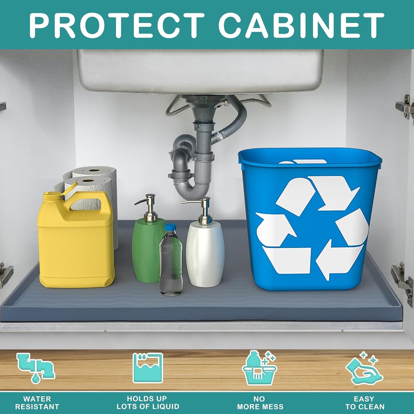 URMONA Waterproof Silicone Under Sink Mat 37'' x 22'' Shelf Liner for Kitchen and Bathroom, Cabinet and Counter Protector, Storage and Organizers, Litter Mat, Pet Cat Puppy Essentials(Light Grey)