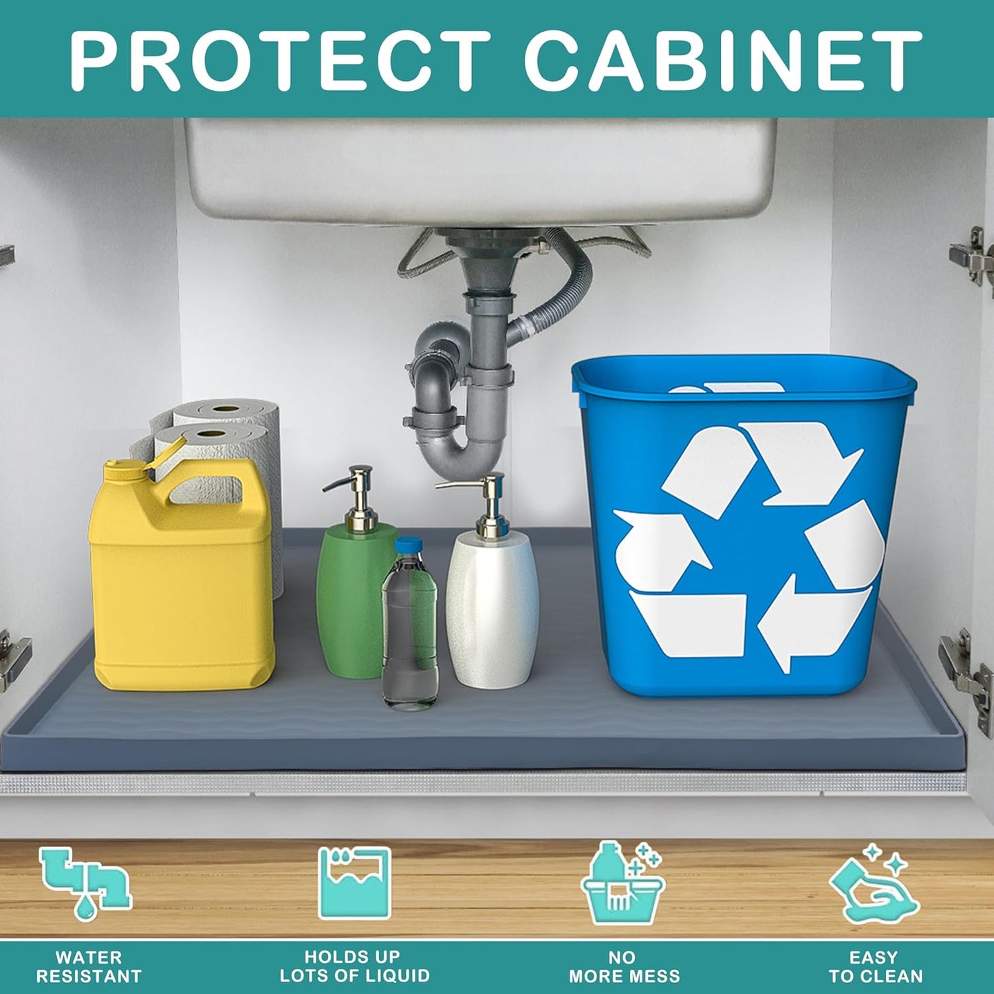 URMONA Waterproof Silicone Under Sink Mat 25'' x 22'' Shelf Liner for Kitchen and Bathroom, Cabinet and Counter Protector, Storage and Organizers, Litter Mat, Pet Cat Puppy Essentials(Black)