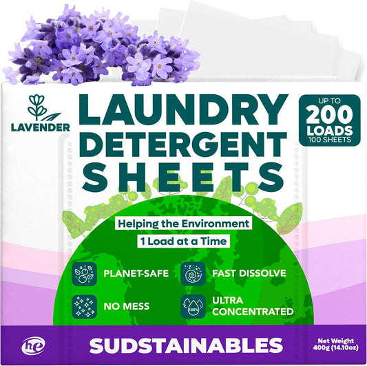 Sudstainables Laundry Detergent Sheets (200 Loads) – Eco-Friendly, Plastic-Free, Zero Waste, Laundry Washing Machines Soap Sheets; Dissolvable, Space-Saving Strips for Travel (Lavender)