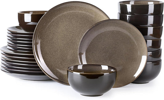 LERATIO Ceramic Dinnerware Sets for 8,Stoneware Plates and Bowls Sets,Handmade Reactive Glaze Dishes Set,Chip Resistant and Scratch Resistant | Oven&Dishwasher & Microwave Safe-Chestnut(24PCS)