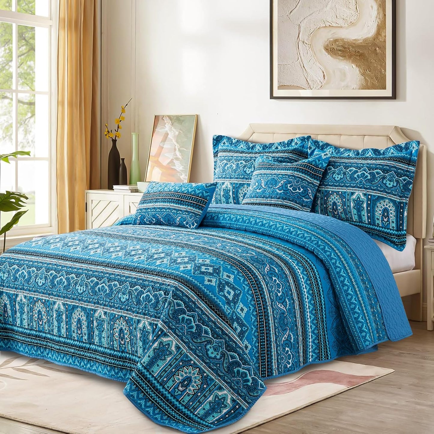 VAPUTAR Cotton Quilt Bedding Set - 3 Pieces, Boho King Size Quilts, Lightweight Reversible Coverlets Bedspreads for Farmhouse Bedroom (Blue)